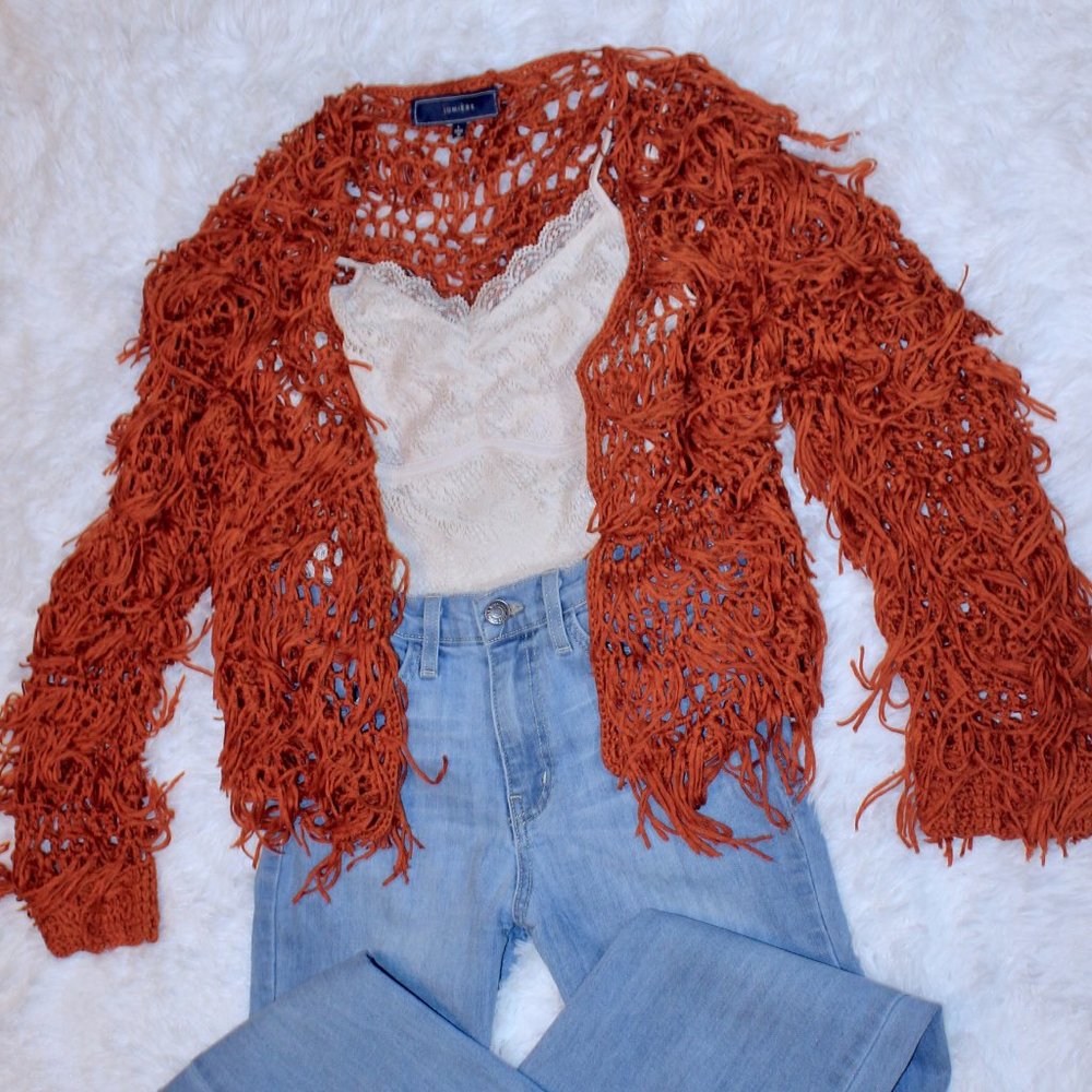 Knit Fringe Rust Jacket - Picture 2 of 8